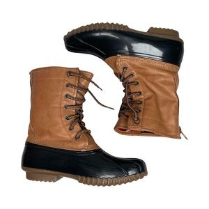 Madden Girl Flurryy Duck Style Boots Natural Tan & Black Lace & Zip Up Size 9.5
